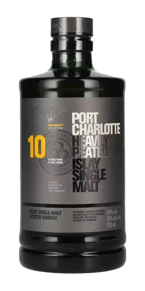 Schottischer Whisky Port Charlotte 10 Jahre, Islay Single Malt, 50% vol, 700 ml, schwere Peat-Aromen in stilvollem Design.