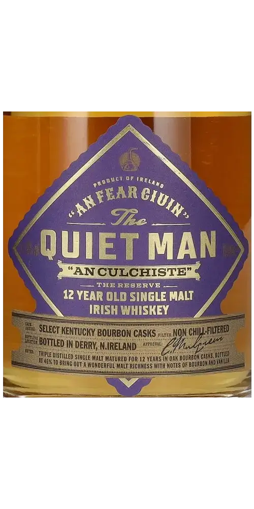 Irischer Whiskey The Quiet Man 12 Jahre, Single Malt, dreifach destilliert, gereift in Ex-Bourbonfässern.