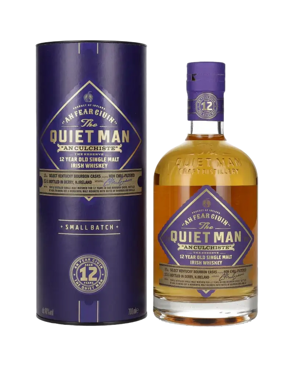 Irischer Whiskey Quiet Man 12 Jahre im Tube, weicher Geschmack mit Fruchtaromen, 700ml Flasche.