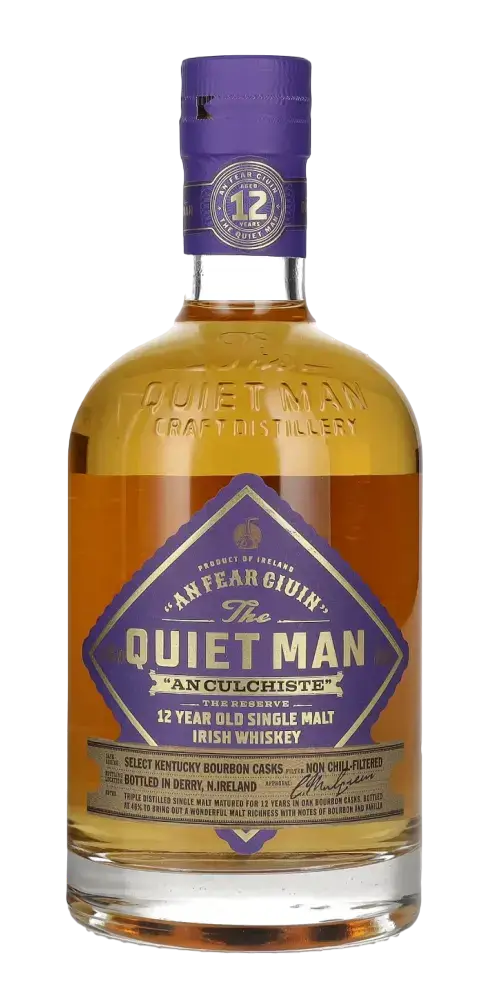 Irischer Whiskey Quiet Man 12 Jahre, Single Malt aus Irland, gereift in Ex-Bourbon-Fässern, sanfter und fruchtiger Geschmack.