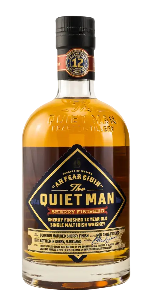 Schottischer Whisky Quiet Man, Oloroso-Finish, 12 Jahre alt, irischer Single Malt, Bourbon-Aromen von Vanille und Karamell.