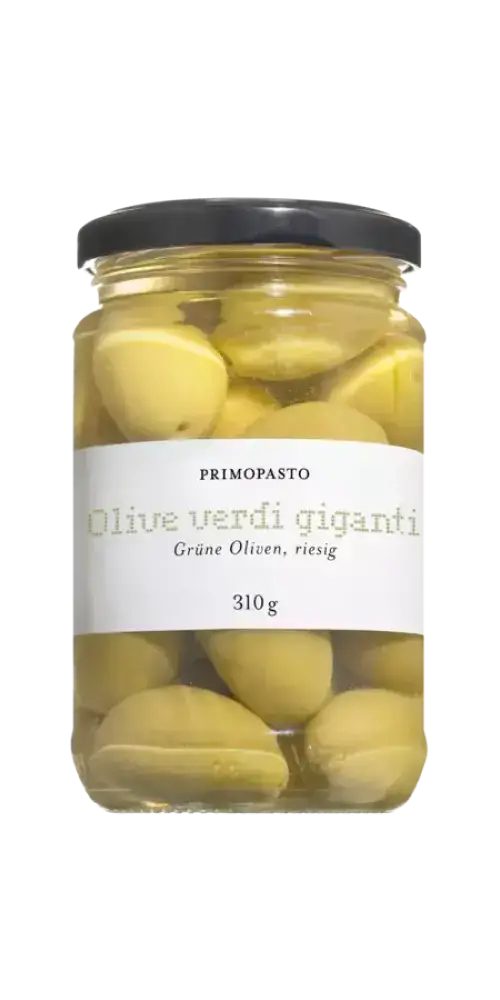 Grüne Riesenoliven 310g von Primopasto, mediterrane Feinkost in Salzlake eingelegt, ideal für Snacks und Aperitifs.
