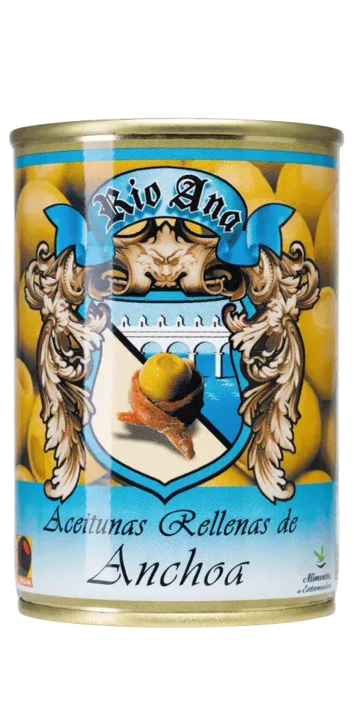 Aceitunas Rellenas de Anchoa, grüne spanische Oliven in Dose, Feinkost von Rio Ana, ideal für Aperitifs und Salate.