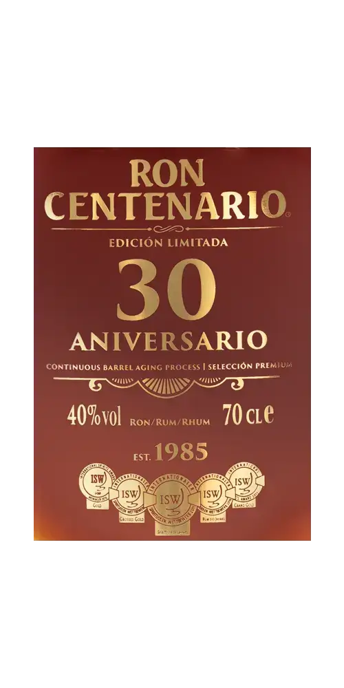 Ron Centenario 30 Aniversario, limitierte Edition, 40% vol, 70 cl, Costa Rica, Premium Rum, elegantes Design.