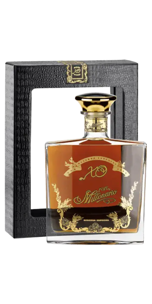 Ron Millonario XO Rum aus Peru, 20 Jahre gereift, in edler Geschenkbox mit goldenen Akzenten.