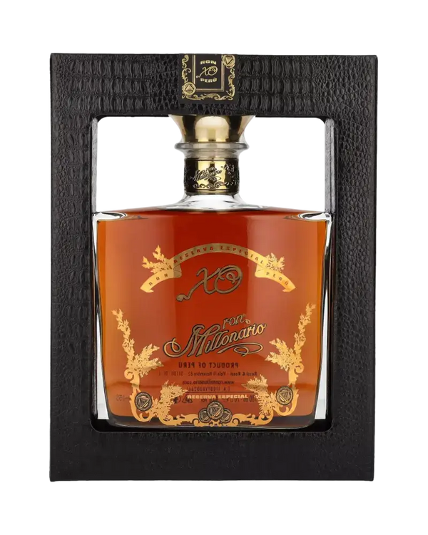 Ron Millonario XO Rum, 20 Jahre, edle Flasche in schwarzem Etui, exklusiv mit limitierten 6000 Flaschen jährlich.