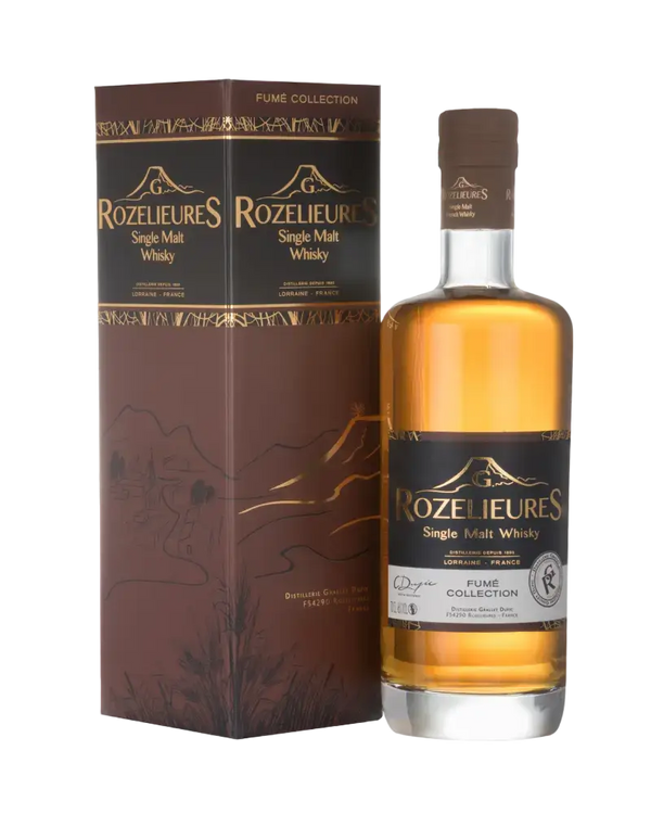 Französischer Whisky Rozelieures Fumé Collection, torfig-rauchig, 8 Jahre alt, 46% vol, in edler Verpackung.