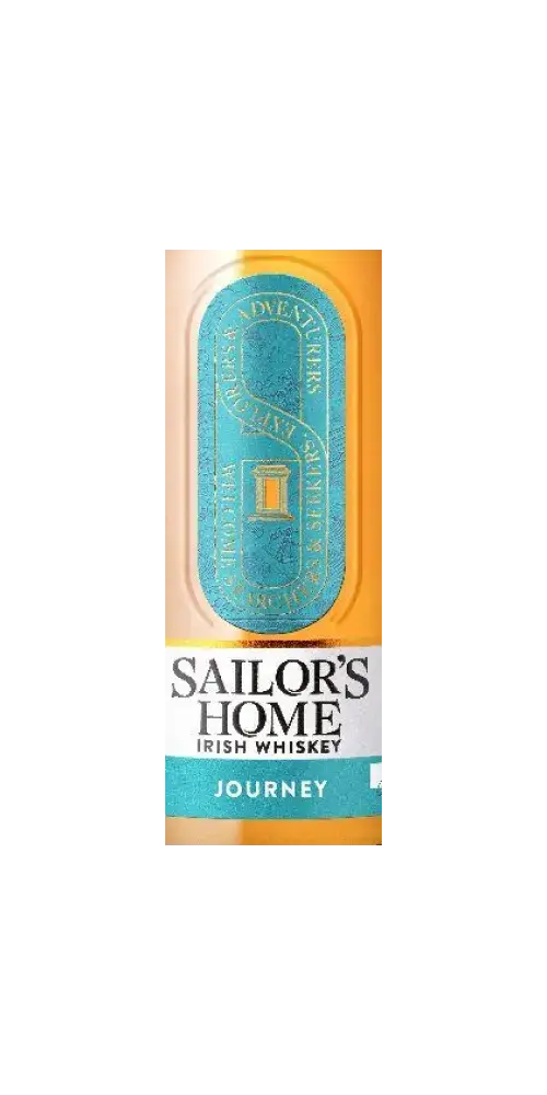 Irischer Whiskey Sailor's Home JOURNEY in an eleganten Flasche mit blauer Etikette auf hellem Hintergrund.