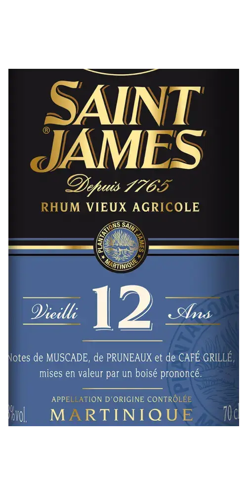 Rhum SAINT JAMES 12 Jahre, Martinique, Vieux Agricole, elegant mit Muskat- und Kaffee-Aromen, 70cl Flasche