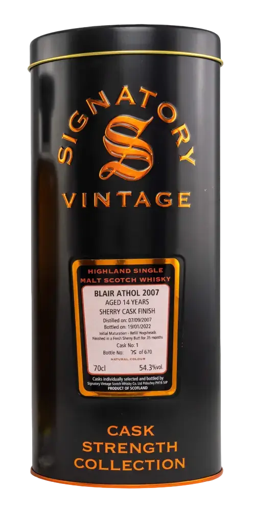 Schottischer Whisky Blair Athol 2007, 14 Jahre, Sherry-Finish, Signatory Vintage, Cask Strength Collection.
