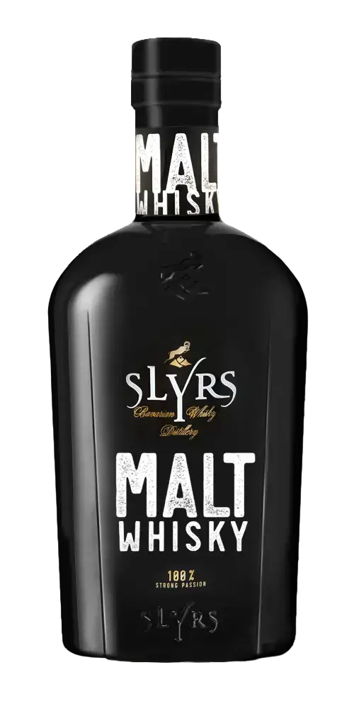 Deutscher Whisky Slyrs Malt in schwarzer Flasche, fruchtig, mild, mit Honigsüße und mineralischem Abgang.