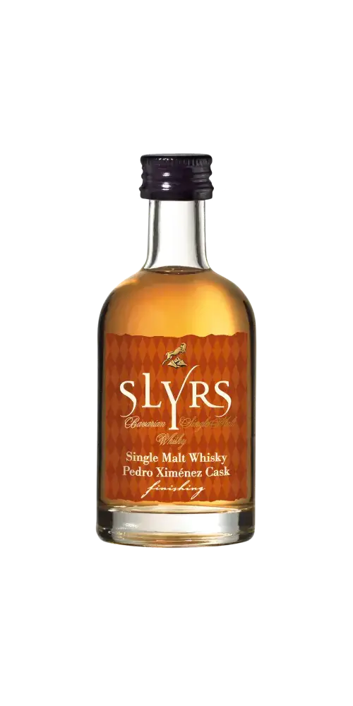 Deutscher Whisky Slyrs Pedro Ximénez Cask, 50ml, mit süßlich-würziger Note und langanhaltendem Abgang.