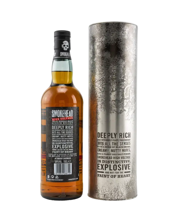 Schottischer Whisky Smokehead High Voltage in Flasche und Tube, intensiv, rauchig, für Kenner.