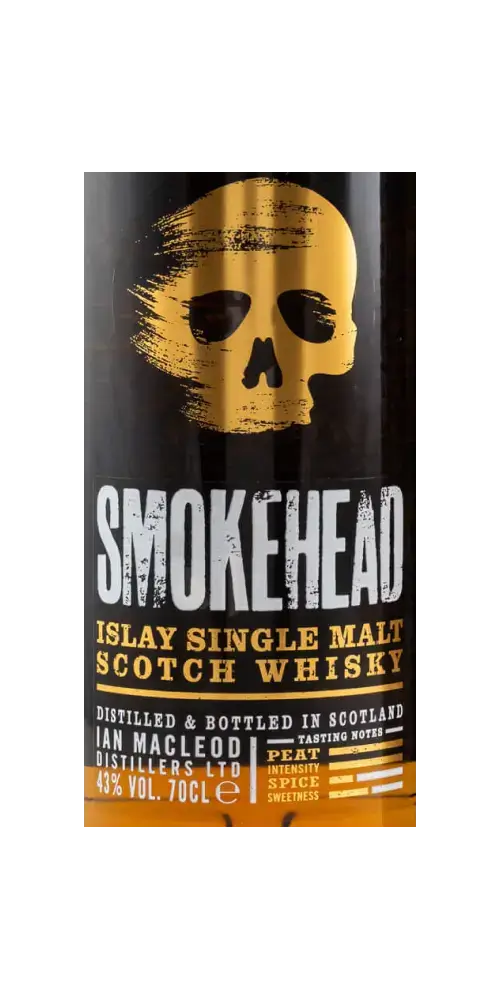 Schottischer Whisky Smokehead Islay Single Malt mit markantem Skull-Design, 43% Vol, 70cl, torfige Aromen.