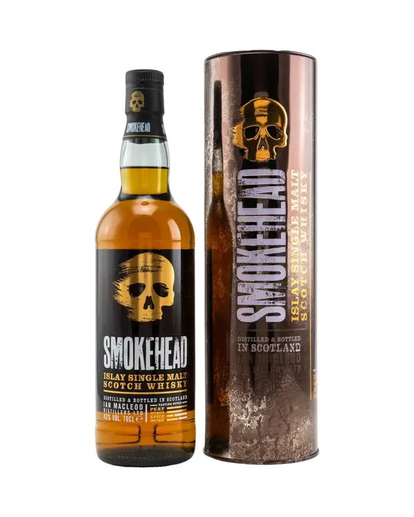 Schottischer Whisky Smokehead Peated Islay im Tube, intensiver Single Malt mit Rauch und Torf.