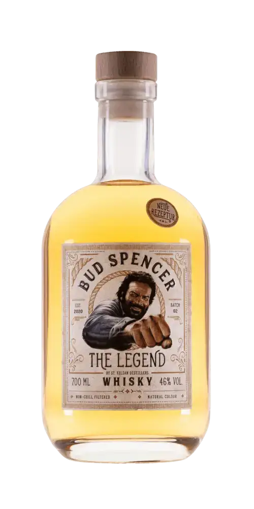 Deutscher Whisky Bud Spencer The Legend in Glasflasche, 700 ml, 46% Vol, goldgelb, hochwertige Abfüllung.