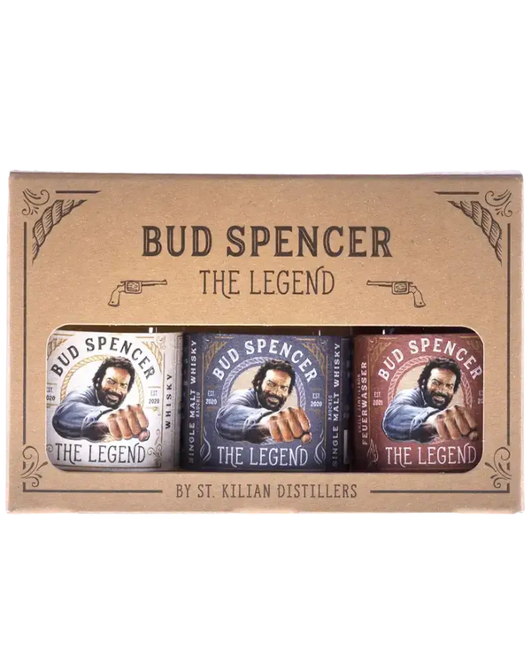 Schottischer Whisky Bud Spencer Mini Box von St. Kilian mit drei Flaschen im Vintage-Design. Hochwertige Spirituose.