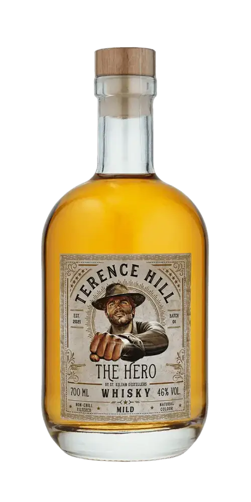 Deutscher Whisky St. Kilian Terence Hill The Hero mild, 700 ml Flasche mit 46% Vol., hellgoldene Farbe.