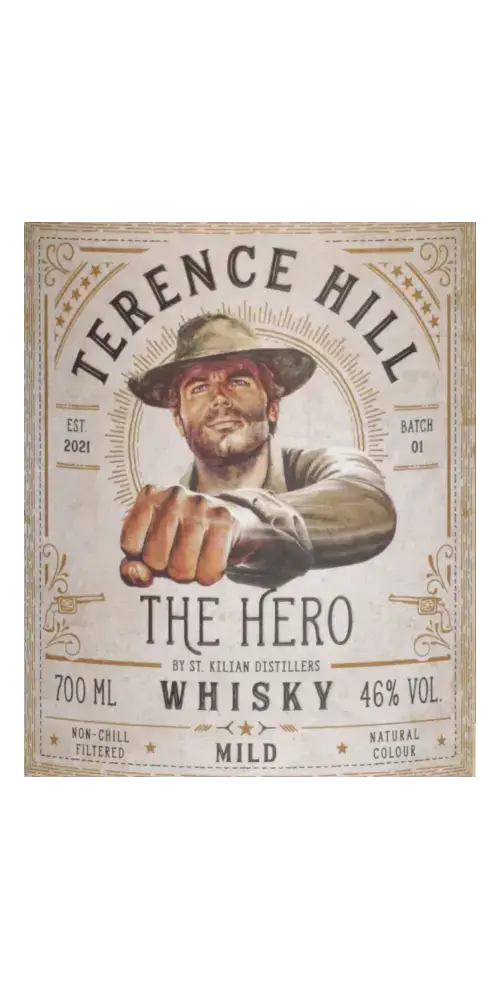 Deutscher Whisky St. Kilian Terence Hill The Hero, mild, 700 ml, 46% vol, Etikett mit Cowboy-Motiv und Naturfarben.