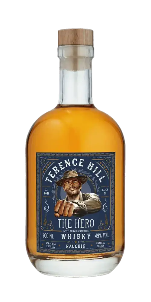 Deutscher Whisky St. Kilian, Terence Hill - The Hero, 700ml, 49% Vol, rauchig, zeichnet sich durch Goldfarbe aus.