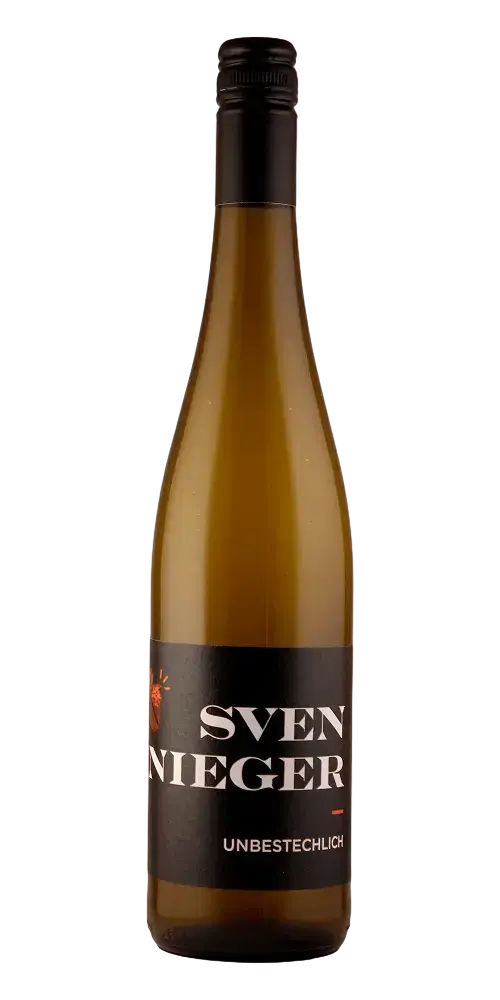 Sven Nieger Unbestechlich Riesling 2019 Flasche mit schwarzem Etikett, veganer Landwein aus Baden
