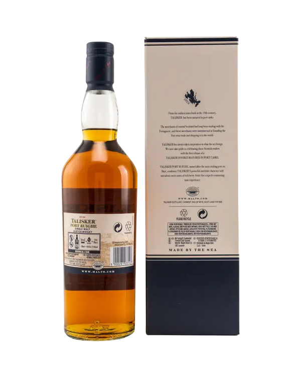 Schottischer Whisky Talisker Port Ruighe in der Verpackung, mit Etikett und Hintergrunddetails.