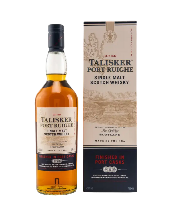 Schottischer Whisky Talisker Port Ruighe, abgefüllt inlässlich der Herkunft aus Schottland, in edler Verpackung.