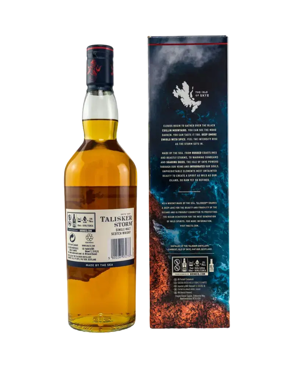 Schottischer Whisky Talisker Storm, Inselmalz mit Rauch und Würze, unverwechselbare Intensität und langanhaltender Abgang.