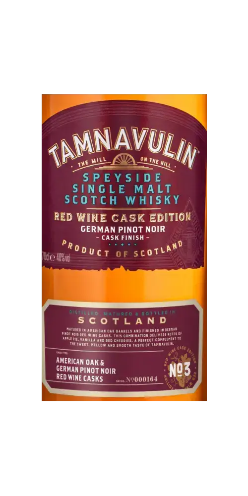 Schottischer Whisky Tamnavulin, Speyside Single Malt, Pinot Noir Cask Finish, Produkt aus Schottland, rote Weinfass Edition.