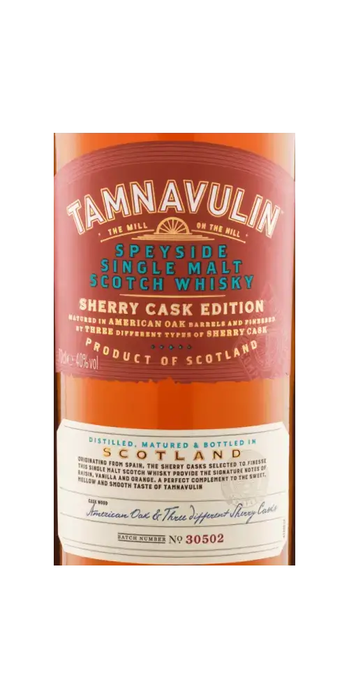 Schottischer Whisky Tamnavulin Sherry Cask Edition, Speyside Single Malt, gereift in amerikanischen und Sherryfässern.