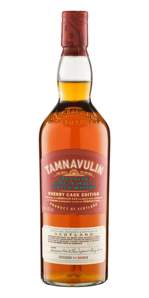 Schottischer Whisky Tamnavulin Sherry Cask Edition, Speyside Single Malt mit Aromen von Nektarinen und Orangen.