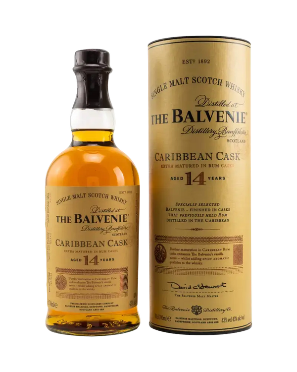 Schottischer Whisky The Balvenie Caribbean Cask 14 Jahre in Tube, reichhaltiger, honigartiger Single Malt.