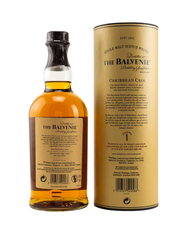 Schottischer Whisky The Balvenie Caribbean Cask 14 Jahre, Single Malt mit honigartigem Charakter in Geschenkverpackung.