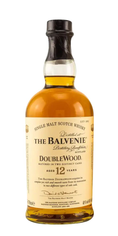Schottischer Whisky The Balvenie Double Wood 12 Jahre, gereift in Ex-Bourbon- und Oloroso Sherry-Fässern.