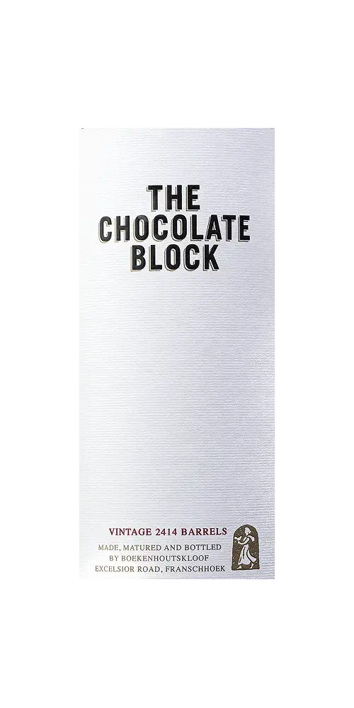 Boekenhoutskloof - The Chocolate Block Weinetikett auf silbernem Hintergrund.