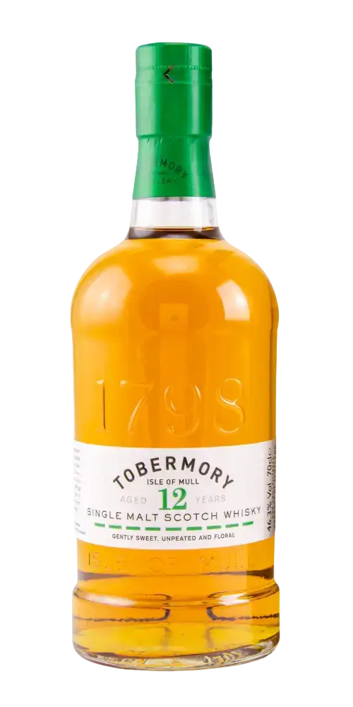 Schottischer Whisky Tobermory, 12 Jahre, Isle of Mull, bernsteinfarbener Single Malt mit fruchtigen und floralen Noten.
