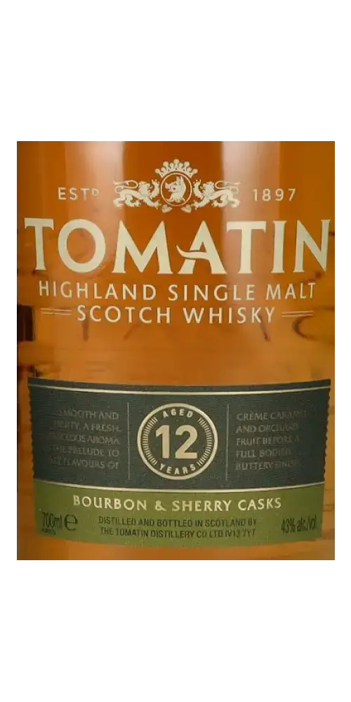 Schottischer Whisky Tomatin 12 Jahre, Highland Single Malt, Bourbon und Sherry Casks, 700ml Flasche.