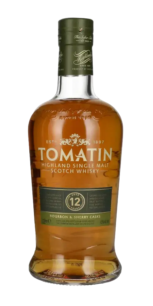 Schottischer Whisky Tomatin 12 Jahre, Highland Single Malt, gereift in Ex-Bourbon und Ex-Sherry Fässern.