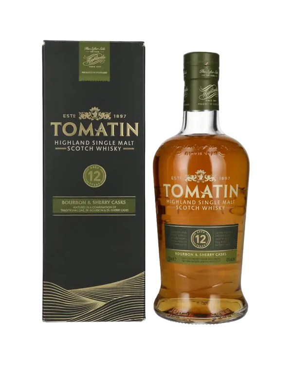 Schottischer Whisky Tomatin 12 Jahre, Highland Single Malt in Box, gereift in Ex-Bourbon und Ex-Sherry Fässern.