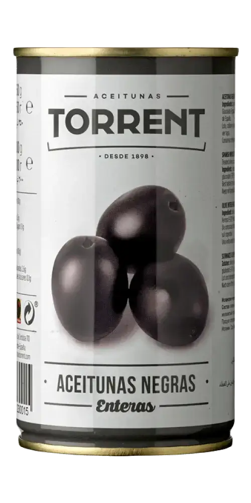 Torrent Aceitunas Negras con Hueso – Feinkost aus Spanien, hochwertige ganze schwarze Oliven, seit 1898.