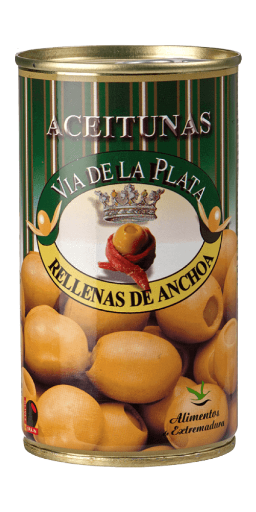 Aceitunas Rellenas de Anchoa in Dose, feine Oliven aus Extremadura, würzig und gefüllt mit Sardellenpaste.