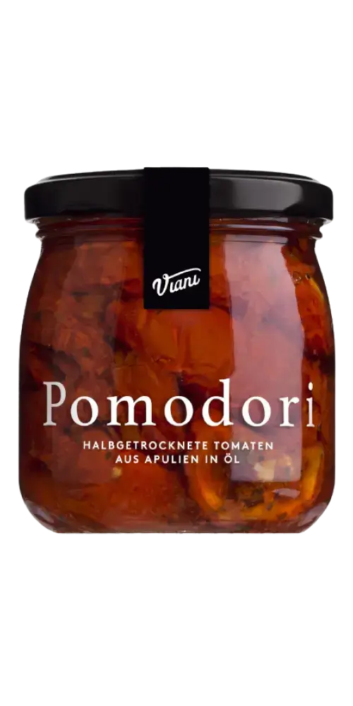 Pomodori halbtrockene Tomaten in Öl von Viani, mediterrane Feinkost aus Apulien, 180g Glas.