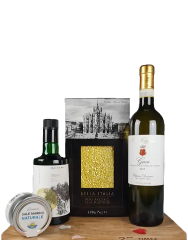 Geschenkset Valentinstag mit Weißwein, Risotto und Meersalz für romantische Abendessen zu zweit