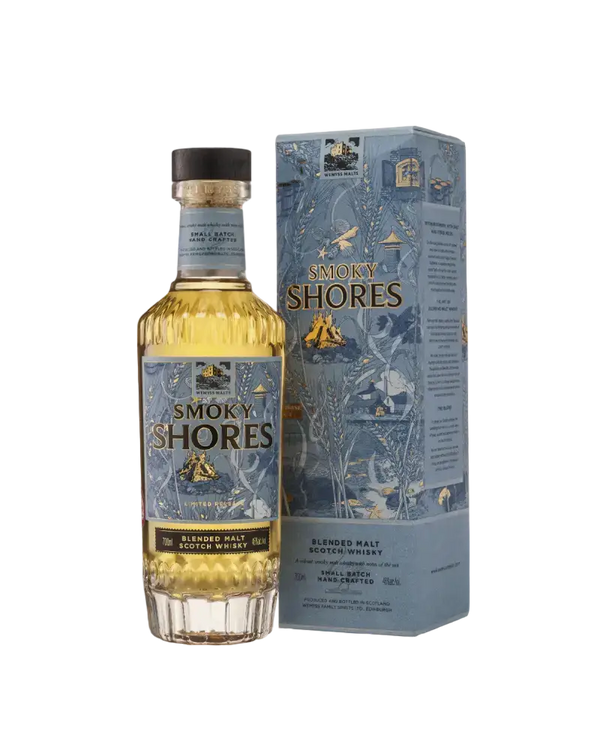 Schottischer Whisky Smoky Shores von Wemyss Malts, maritimer Blend mit Torfrauch und Zitrusnoten im Geschenkverpackung.