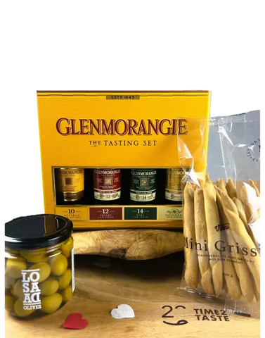 Geschenkset Glenmorangie Whisky mit Oliven und Grissini für Valentinstag, ideale Geschenkidee für Männer