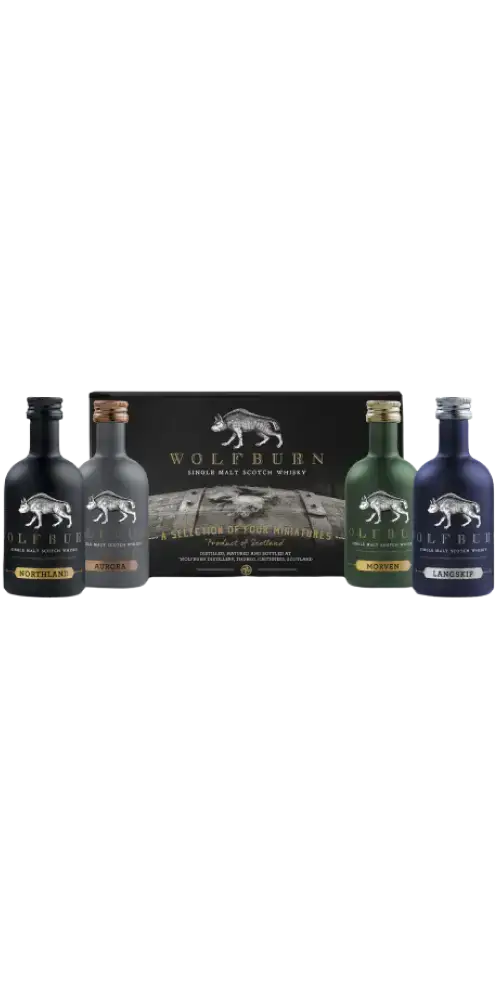 Schottischer Whisky Mini Tasting-Set von Wolfburn mit vier verschiedenen Sorten zur Geschmacksprobe.