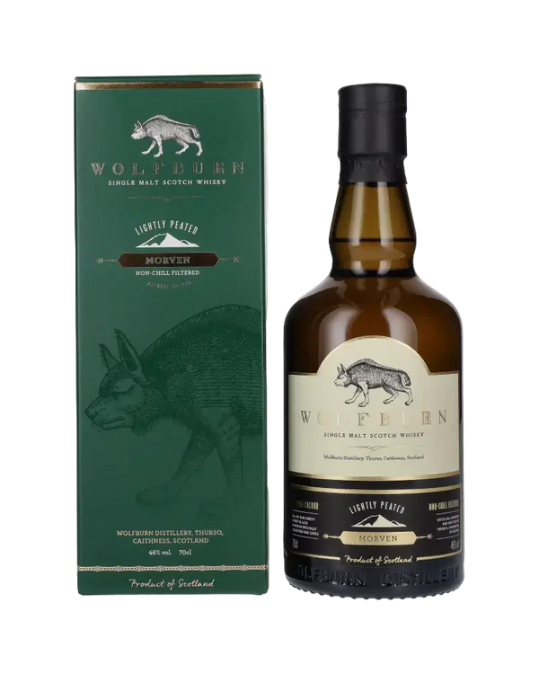 Schottischer Whisky Morven von Wolfburn, leicht getorft, 70cl, mit charakteristischer Verpackung.