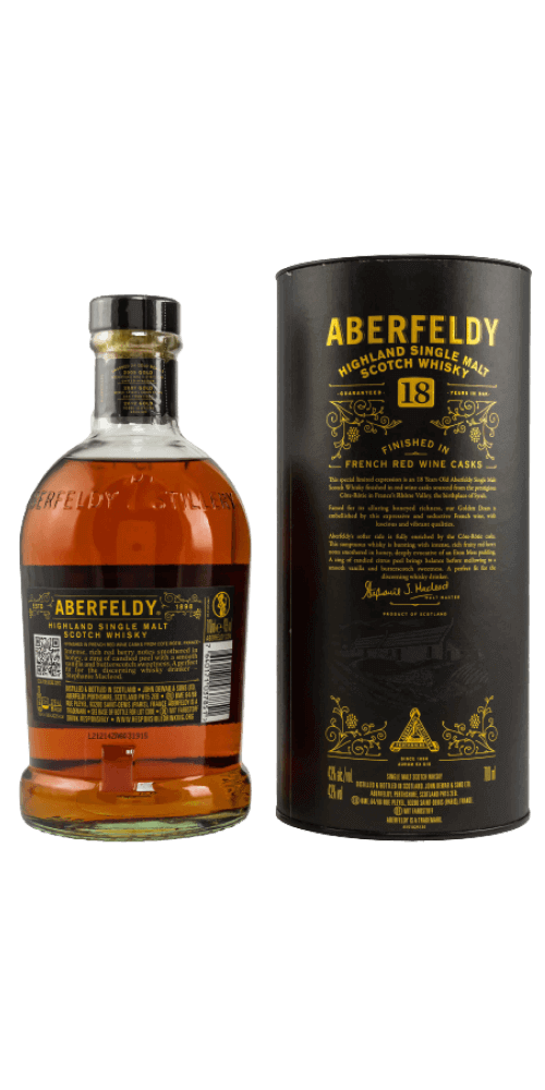 Schottischer Whisky Aberfeldy 18 Jahre in Tube, gereift in Ex-Bourbon und Sherry-Fässern, Tasting-Noten von Vanille und roten Früchten.