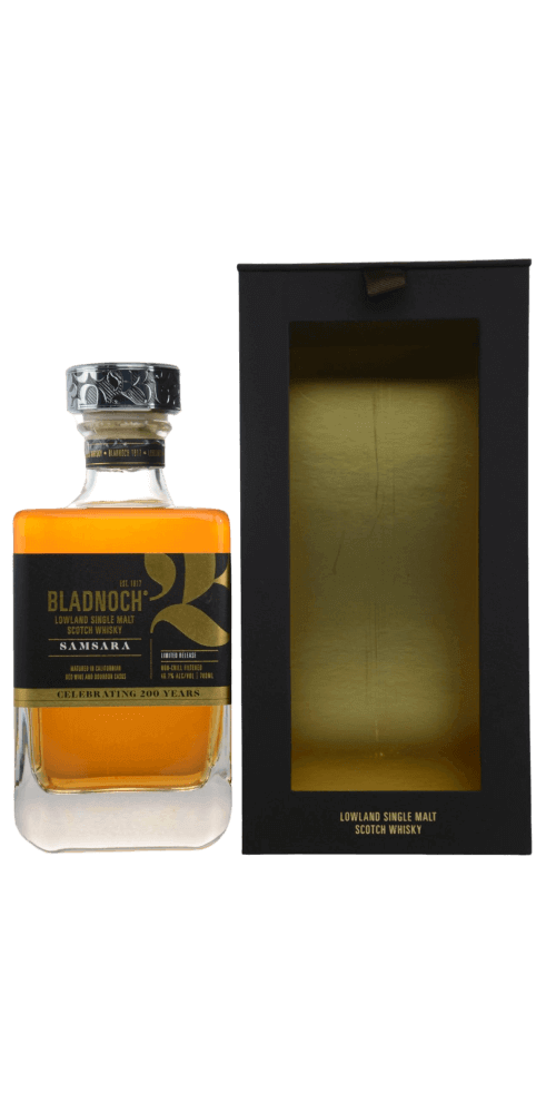 Schottischer Whisky Bladnoch Samsara in Geschenkverpackung, vollmundige Aromen aus Ex-Bourbon- und Rotweinfässern.