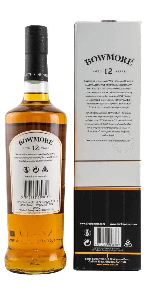 Schottischer Whisky Bowmore 12 Jahre, Islay, torfig und ausgewogen, in dekorativer Verpackung.